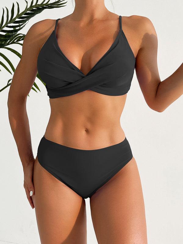 Solid Color Split Swimsuit: Sexy Cross Suspender Bikini Design - SALA