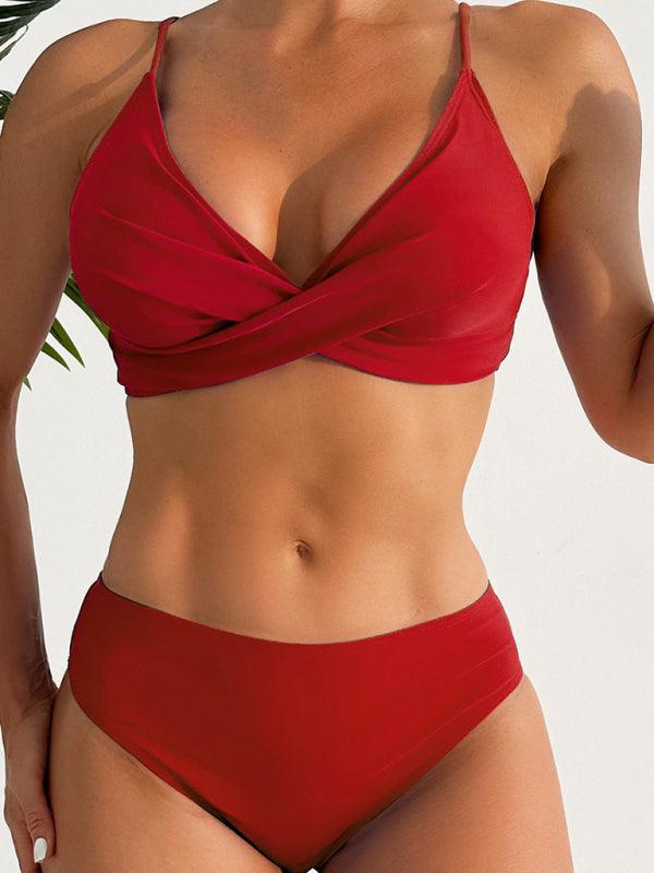 Solid Color Split Swimsuit: Sexy Cross Suspender Bikini Design - SALA