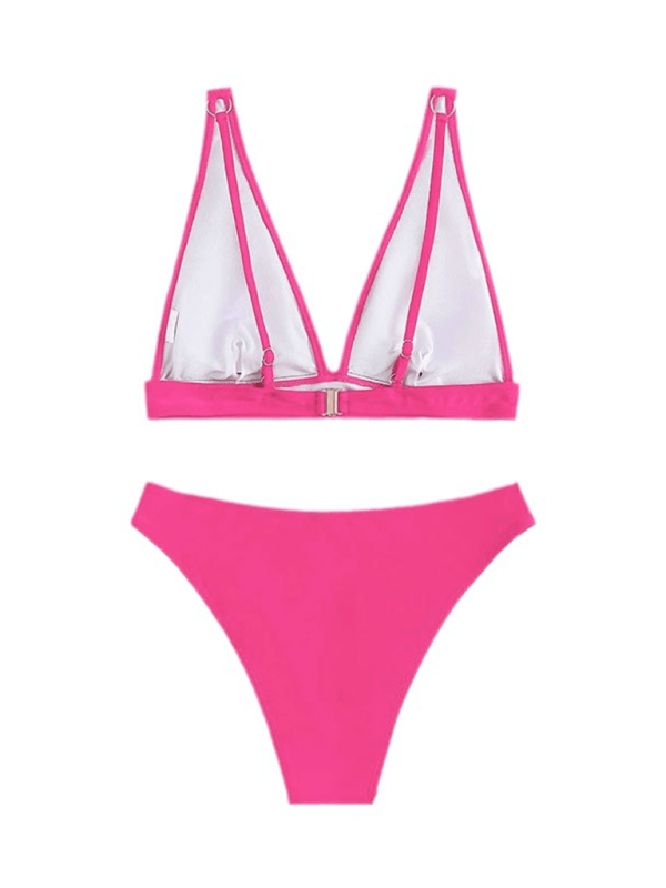 Solid Color Underwire Push Up High Waist Triangle Cup Bikini Set - SALA