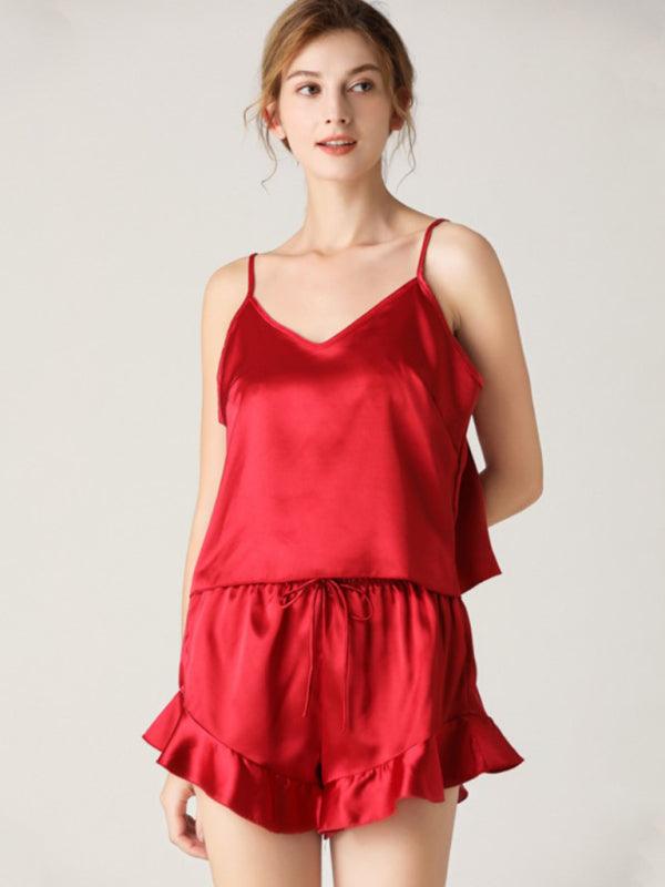 Solid Color V-Neck Camisole and Shorts Pajama Set for Women - SALA