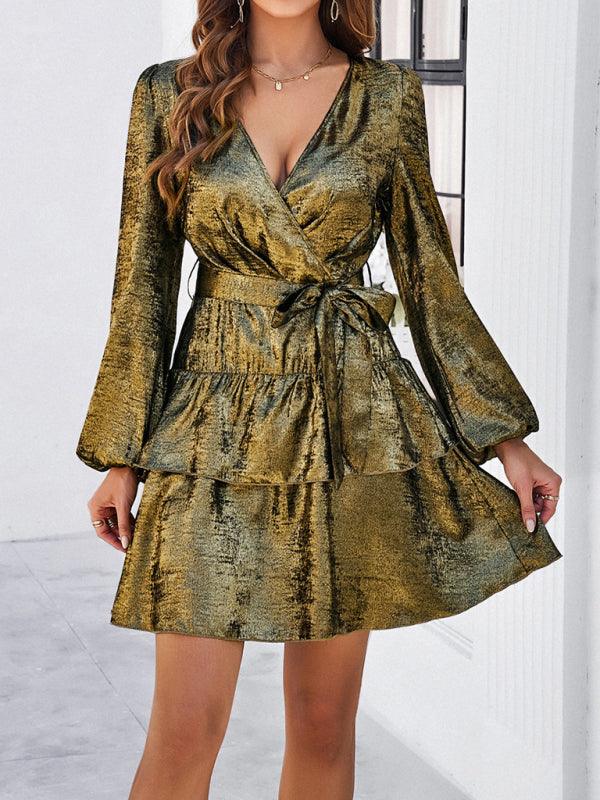 Sophisticated Solid Color V-Neck Long-Sleeve Dress for Women - SALA