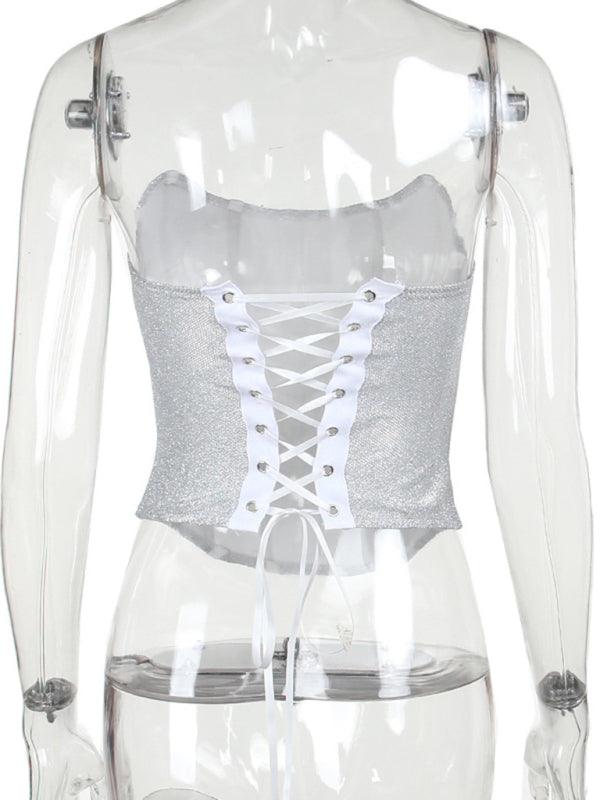 Sparkling Fishbone Patterned Strappy Bandeau Waist Vest Top - SALA