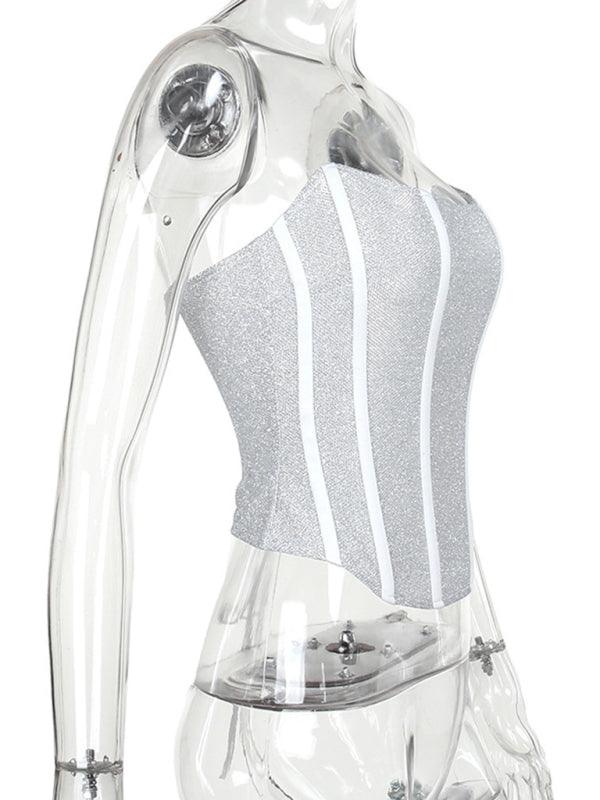 Sparkling Fishbone Patterned Strappy Bandeau Waist Vest Top - SALA