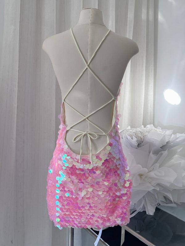 Sparkling Sequin Open Back Halter Neck Bodycon Dress for Women - SALA