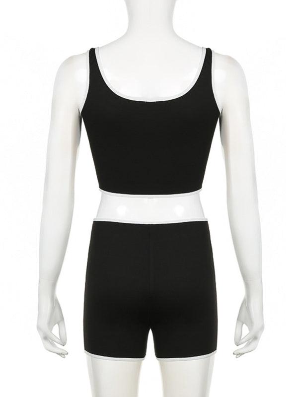 Sporty Chic Contrast Trim U-Neck Vest and Shorts Set for Active Women - SALA