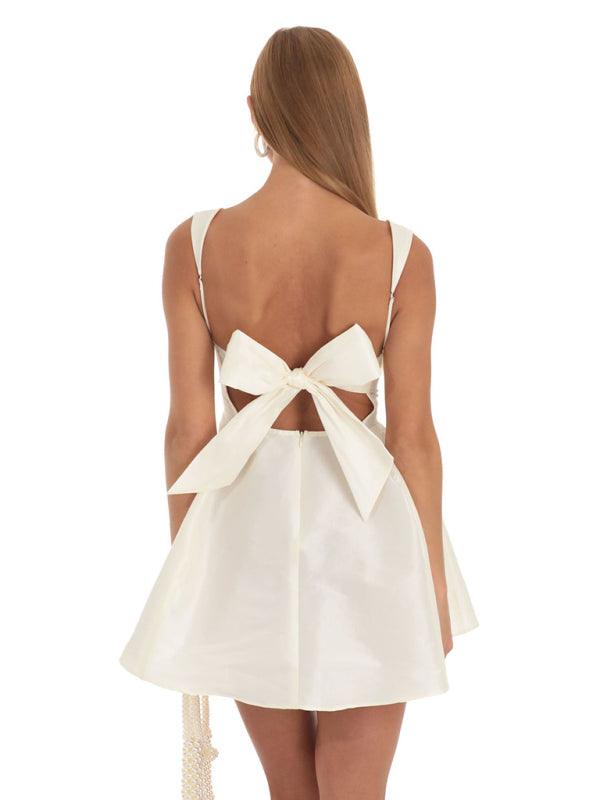 Square Neck Sling Swing Dress with Waist Bow Knot Detail - SALA