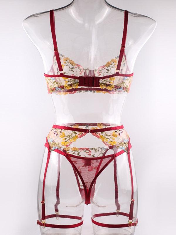 Three-piece Floral Lace Lingerie Set With Suspenders Bra & Thong - SALA