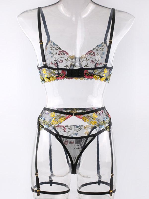 Three-piece Floral Lace Lingerie Set With Suspenders Bra & Thong - SALA