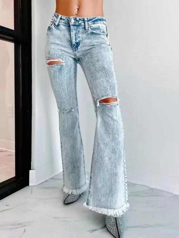 Trendy Distressed High Waist Flared Jeans for Women - SALA