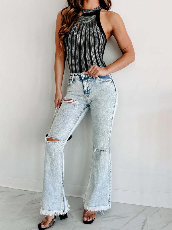 Trendy Distressed High Waist Flared Jeans for Women - SALA