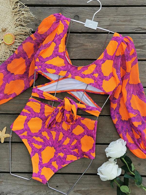 Vacation Vibes Printed Long Sleeve Bikini Set - SALA