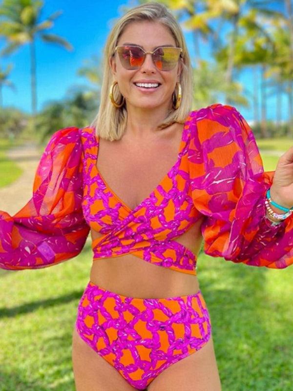 Vacation Vibes: Stylish Printed Long-Sleeve Bikini Set - SALA