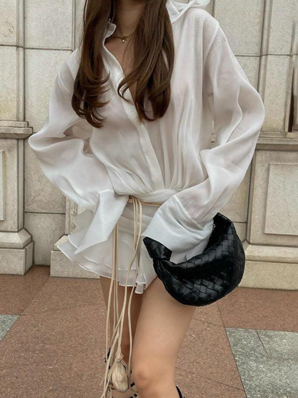 White Ruffled V-Neck Shirt Dress - Women's Summer Fashion Statement - SALA