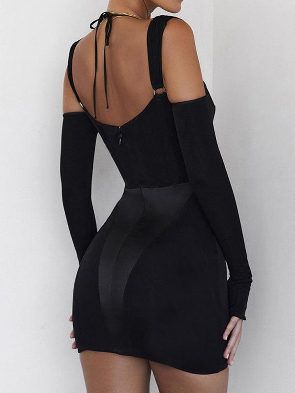 Women’s Backless Suspender Dress With See-Through Long-Sleeves - SALA