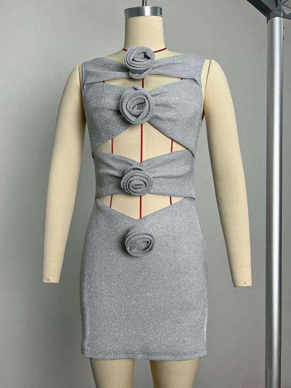 Women's Glittered Dress With 3-D Flower & Hollow Cut Design - SALA