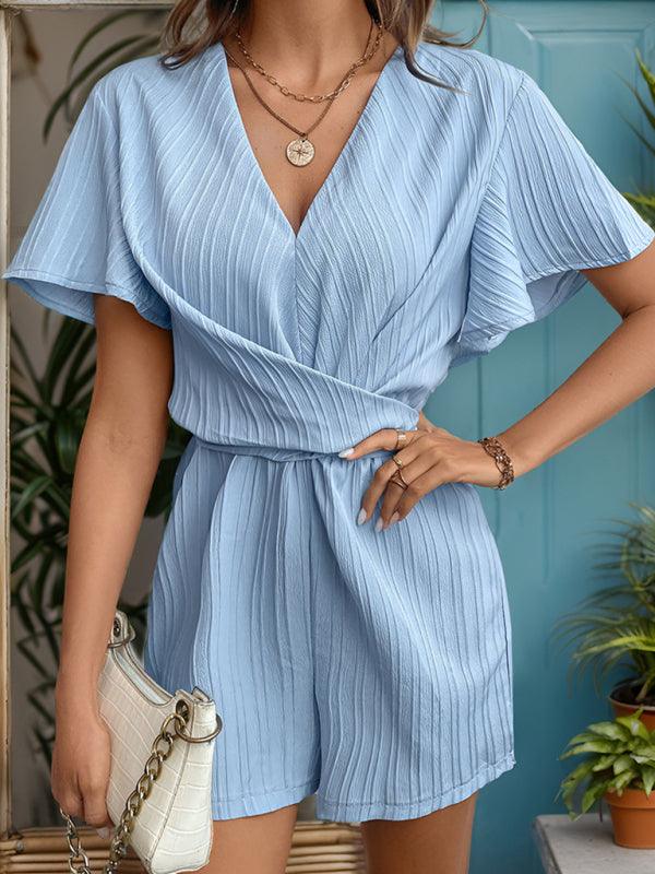 Women's Ruffle Sleeve Lace-up Casual Textured Jumpsuit - SALA