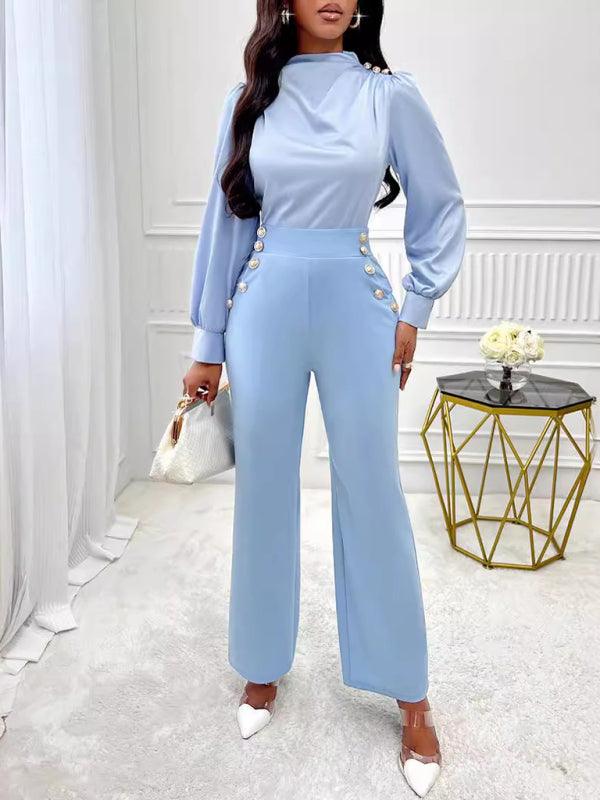 Women's Solid Color High Waist Slim Straight Trendy Trousers - SALA