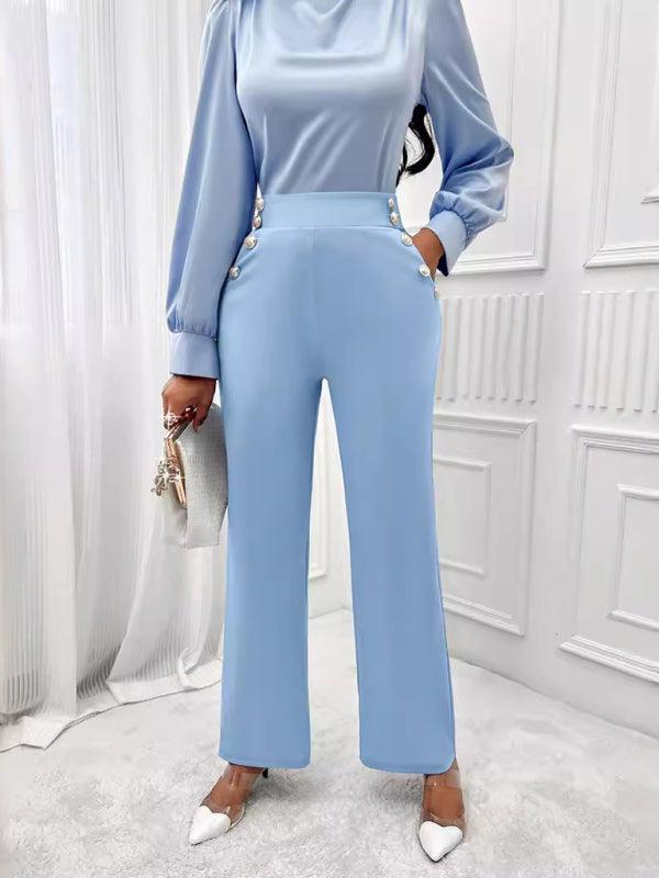 Women's Solid Color High Waist Slim Straight Trendy Trousers - SALA