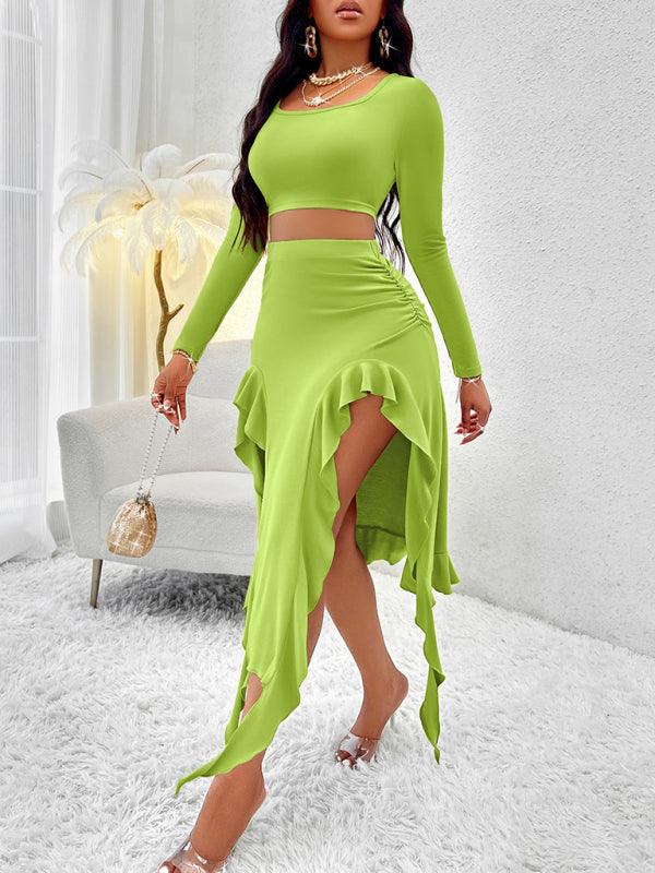 Women's Solid Color Round Neck Long Sleeve Top Ruffled Skirt Suit - SALA