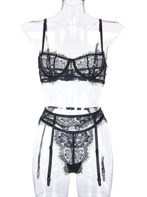 Women's Three-piece Lace Lingerie Set With Suspender Thong & Bra - SALA