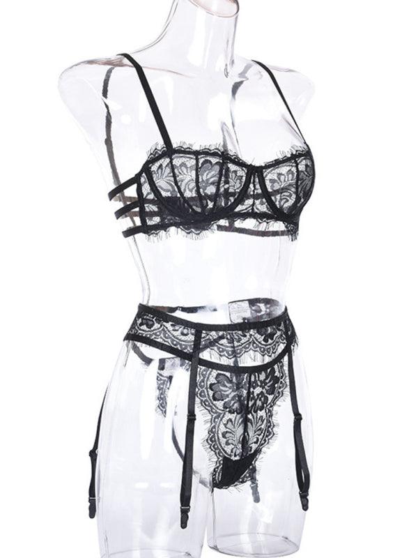 Women's Three-piece Lace Lingerie Set With Suspender Thong & Bra - SALA