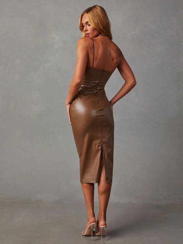 Backless Faux Leather Slit Dress - SALA