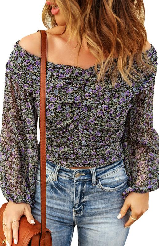 Women's One Shoulder Small Floral Long Sleeve Top - SALA