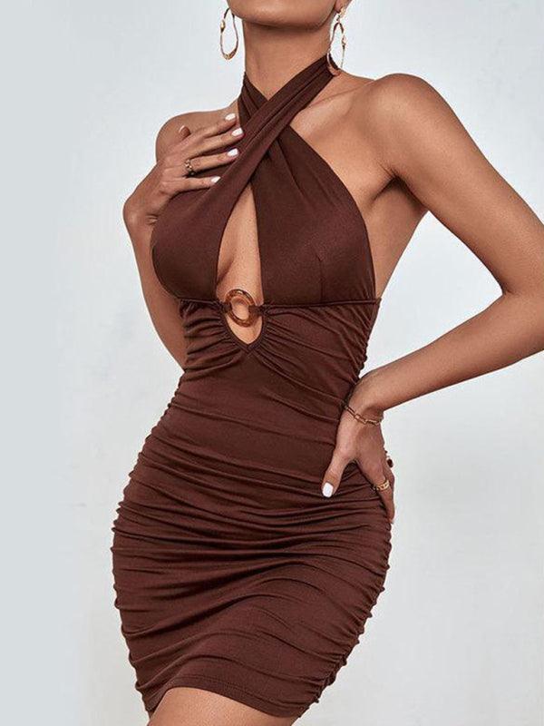 Women’s Collar Strapped Hollow Ruffled Mini Dress - SALA