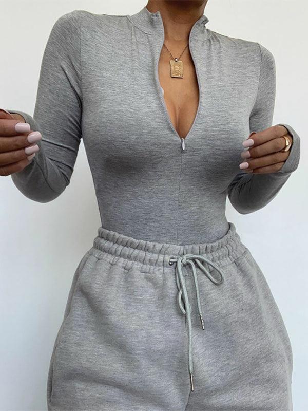 Women's Long-sleeve Slim-fit Bodysuit With Zipper - SALA
