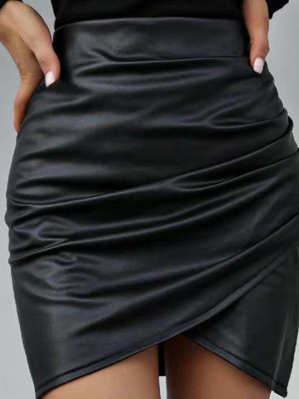 Women’s Vegan Leather Wrap Ruched High-Waisted Mini Skirt