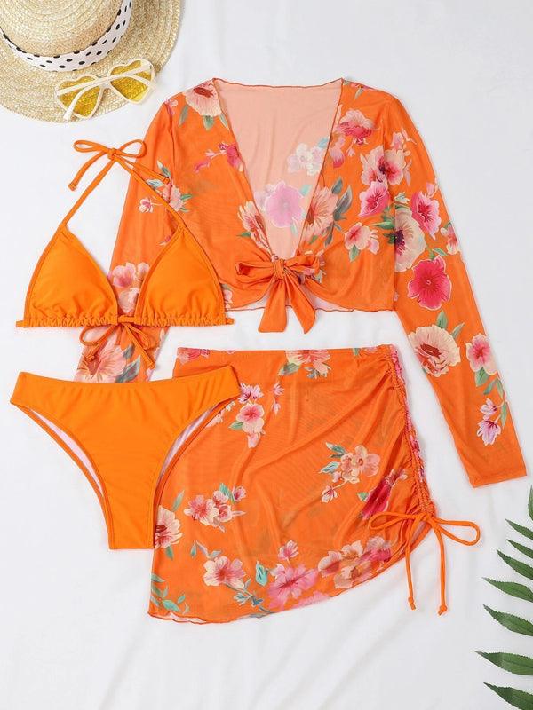 Women's Floral Drawstring Bikini Swimsuit + Coverup (4-Piece Set) - SALA