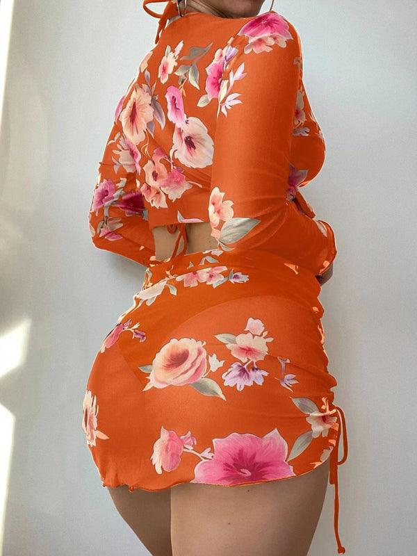 Women's Floral Drawstring Bikini Swimsuit + Coverup (4-Piece Set) - SALA