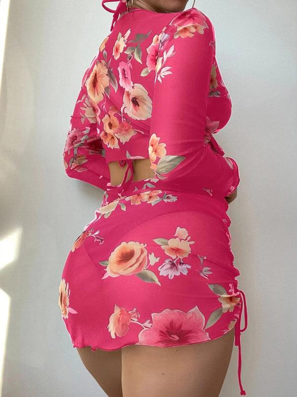 Women's Floral Drawstring Bikini Swimsuit + Coverup (4-Piece Set) - SALA