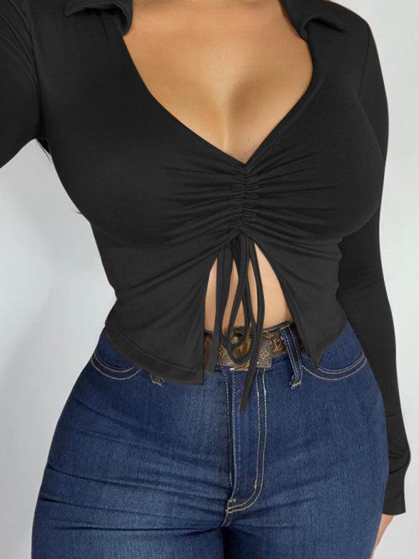 Women's Split Neck Ruched Drawstring Crop Top - SALA