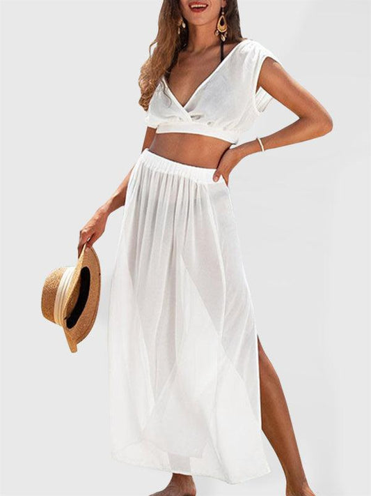 Women’s Two Piece Mesh Slit Skirt + Beach Blouse Set - SALA