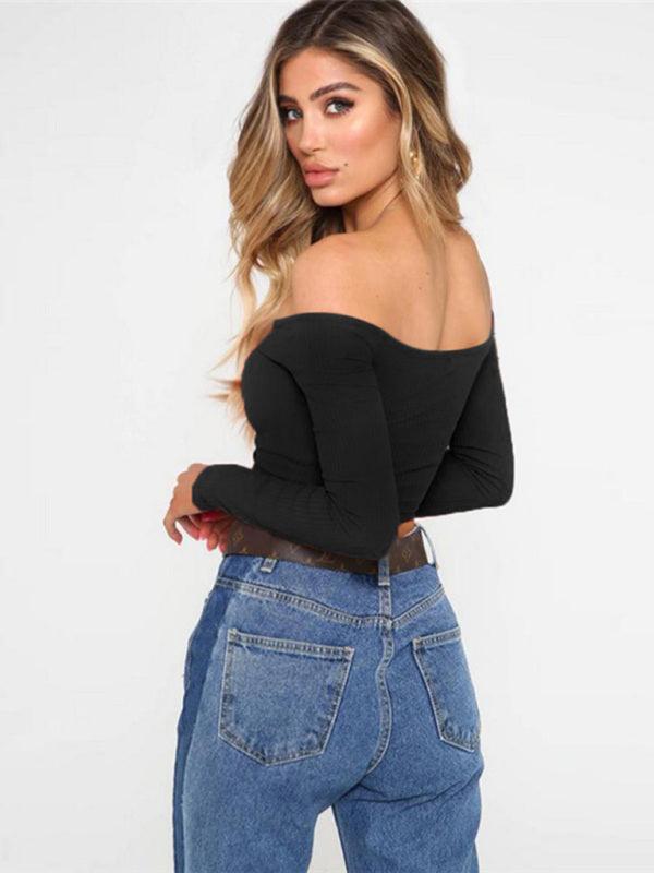 Women's Slim-Fit Off-Shoulder Long-Sleeved Navel Top - SALA