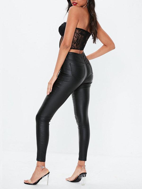 Women's Long Black Faux Leather Pants With Zipper - SALA