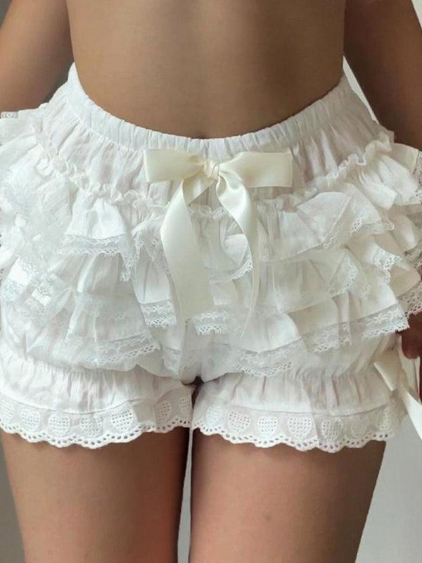 Women's Bowed Layered Ruffled Lace Shorts - SALA