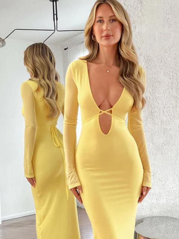 Women’s Long Sleeve V-Neck Dress With Hollow Mesh Design - SALA