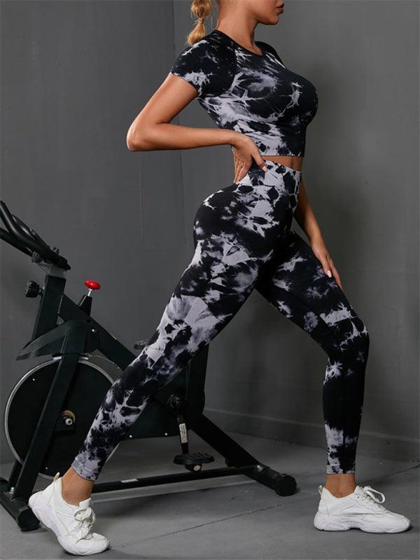 Women's Tie-Dye Sport Set With Short-Sleeved Yoga Top + Leggings - SALA