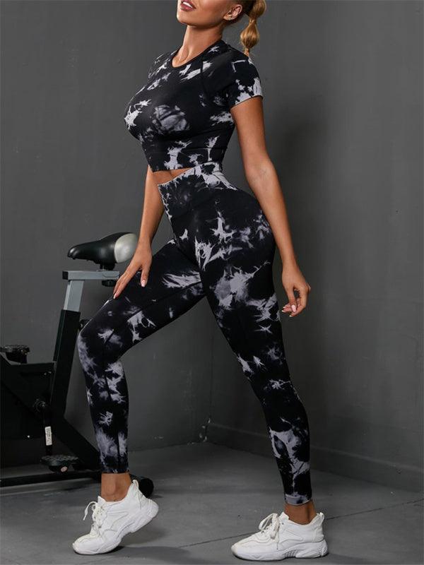 Women's Tie-Dye Sport Set With Short-Sleeved Yoga Top + Leggings - SALA