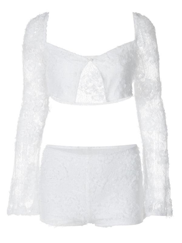 Low-Cut Long-Sleeved Lace Shirt + Pleated Shorts Two-Piece Set - SALA