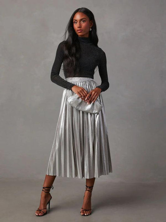 Shiny Pleated Mid-Length Skirt For Women - SALA