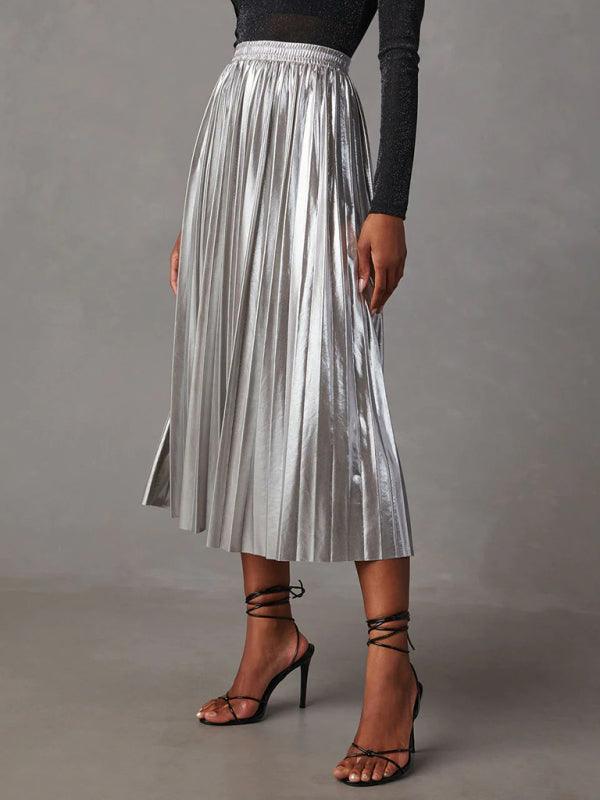 Shiny Pleated Mid-Length Skirt For Women - SALA