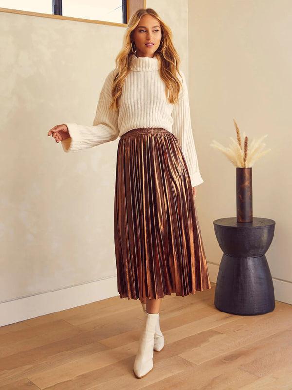 Shiny Pleated Mid-Length Skirt For Women - SALA