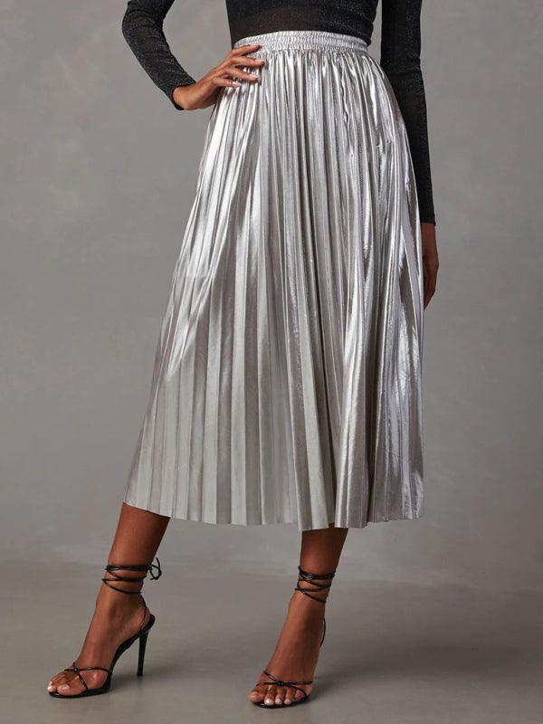 Shiny Pleated Mid-Length Skirt For Women - SALA