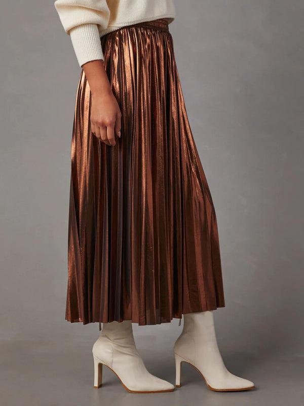 Shiny Pleated Mid-Length Skirt For Women - SALA