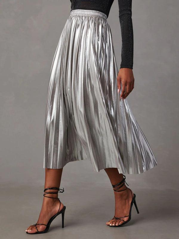 Shiny Pleated Mid-Length Skirt For Women - SALA