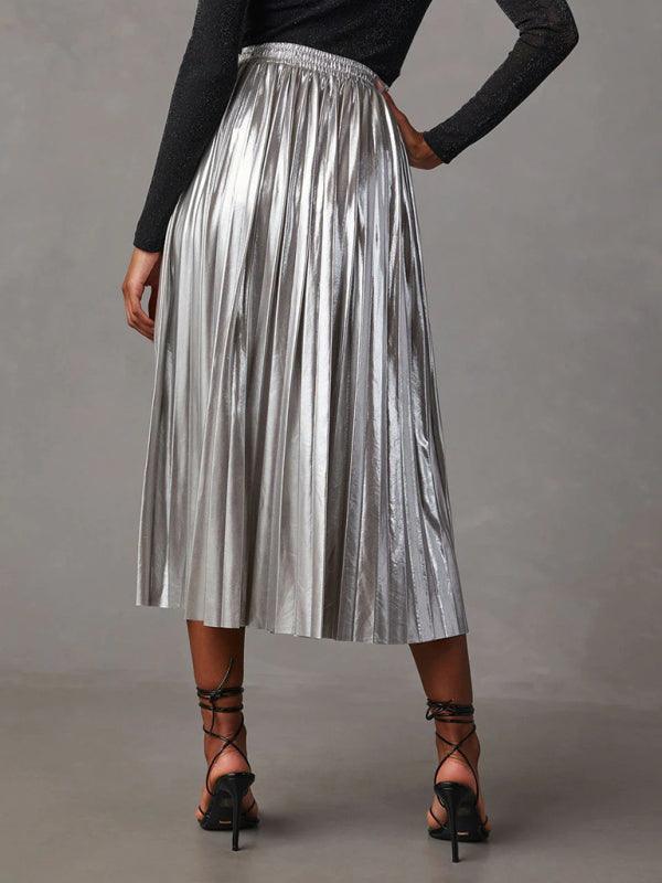 Shiny Pleated Mid-Length Skirt For Women - SALA