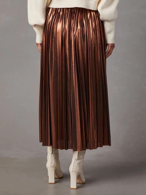 Shiny Pleated Mid-Length Skirt For Women - SALA